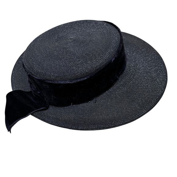 Vintage boater style ladies hat navy blue & faded red flower on velvet hatband main image 9
